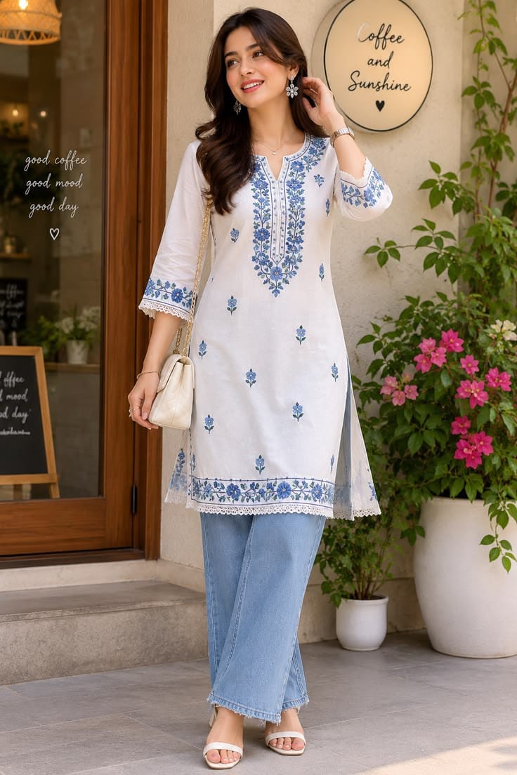White & Blue Hand-Embroidered Straight Cotton Kurti
