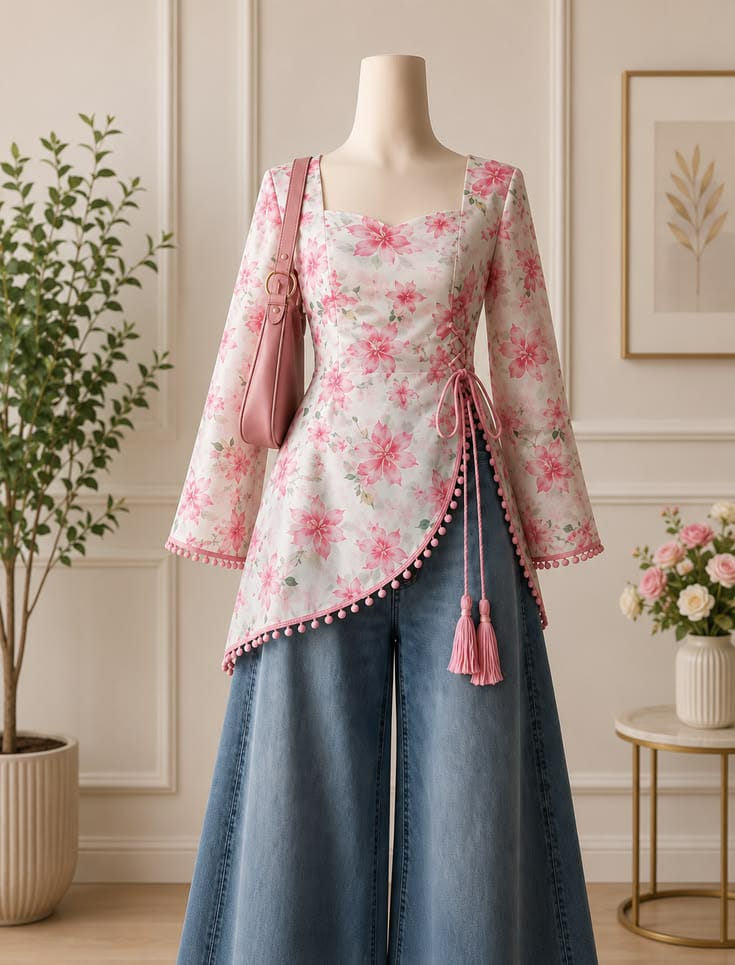 Pink Floral Asymmetric Wrap Peplum Top with Tassels