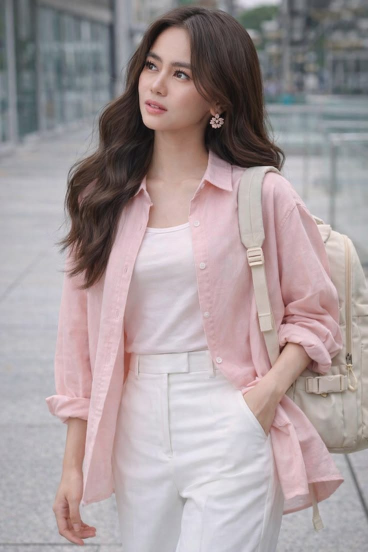 Pastel Pink Linen Casual Shirt with Crisp White Trousers