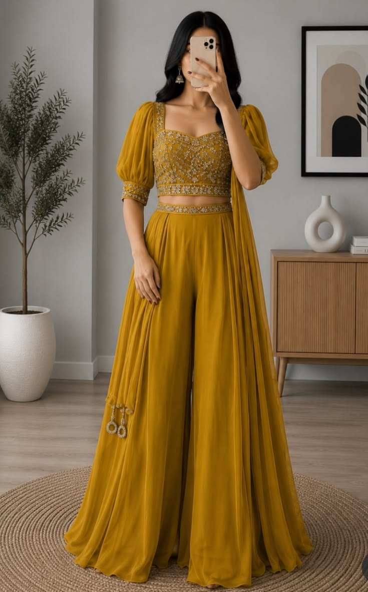 Mustard Yellow Zari Embroidered Bustier & Flared Sharara Set