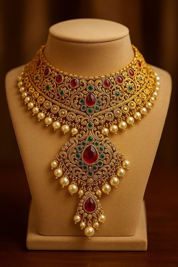Royal Temple 22K Gold Finish Ruby & Emerald Statement Necklace