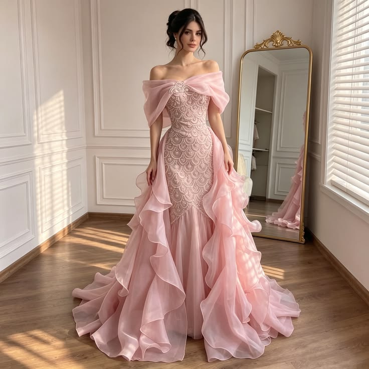 Dusty Rose Off-Shoulder Pearl Embellished Mermaid Fishtail Gown