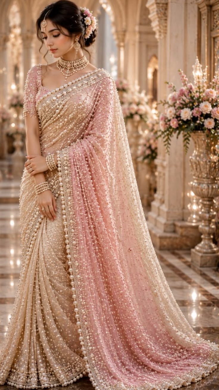 Blush & Champagne Pearl Beaded Bridal Couture Saree