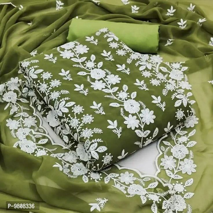 Olive Green Resham Floral Embroidered Unstitched Suit