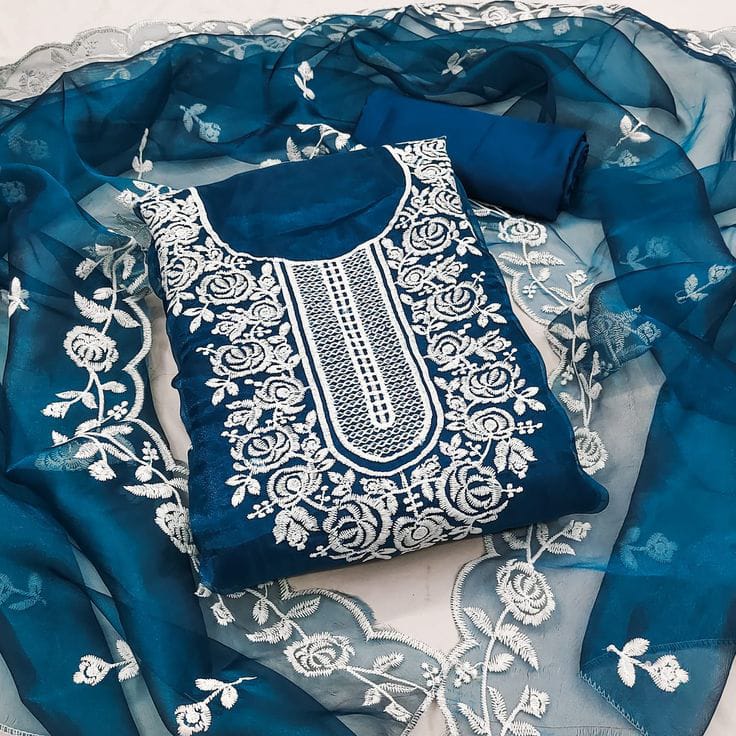 Teal Blue Floral Neckline Embroidered Unstitched Suit
