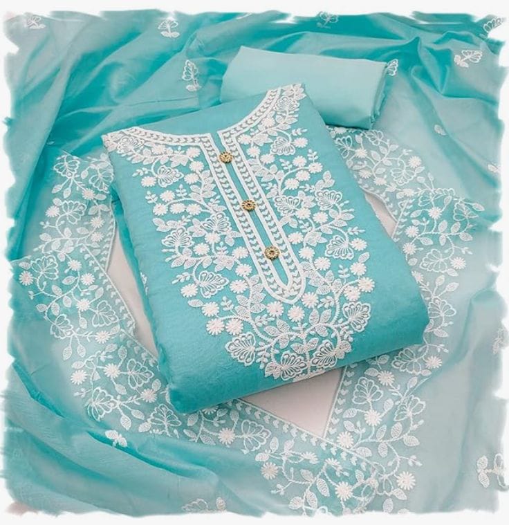 Sky Blue Resham Embroidered Unstitched Suit with Lace Dupatta