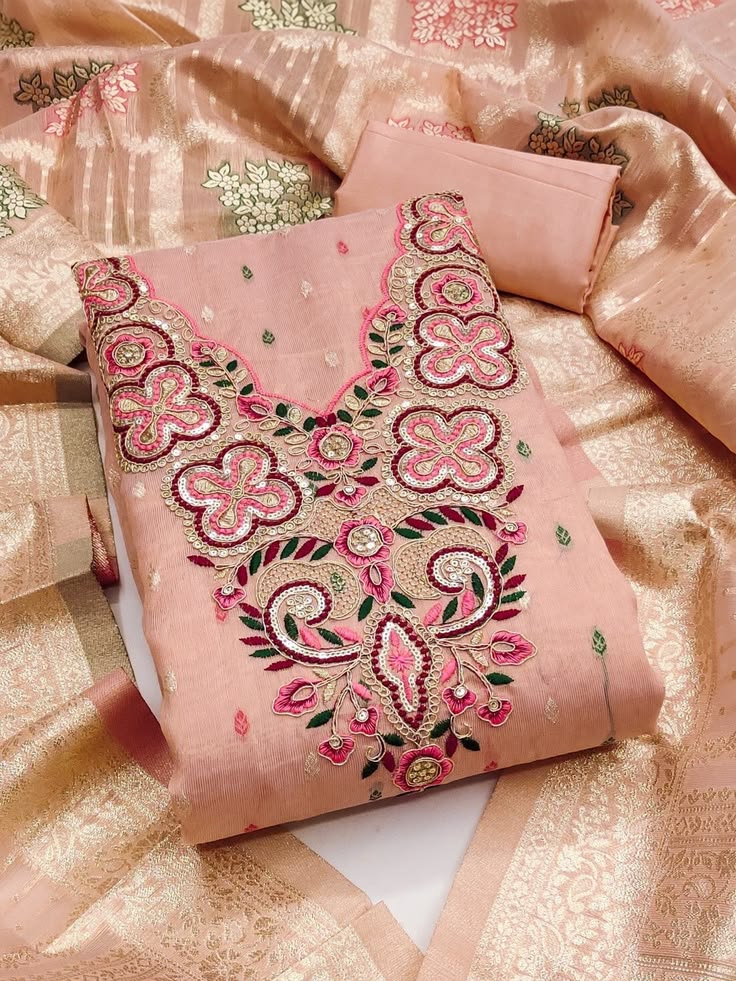 Peach Banarasi Brocade & Zari Embroidered Unstitched Suit