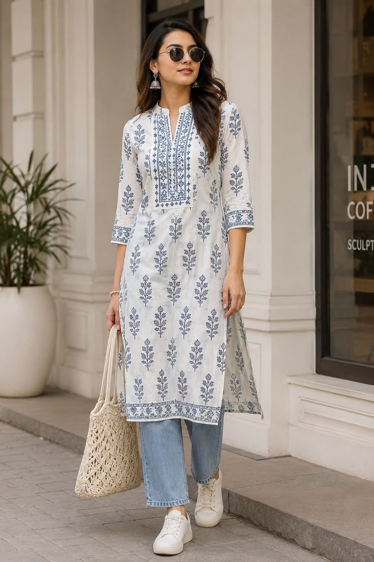 Indigo & Ivory Handblock Printed Straight Long Kurti