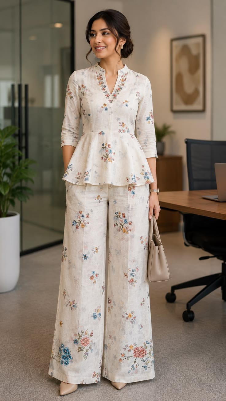 Ivory Botanical Floral Linen Peplum Top & Palazzo Co-ord Set