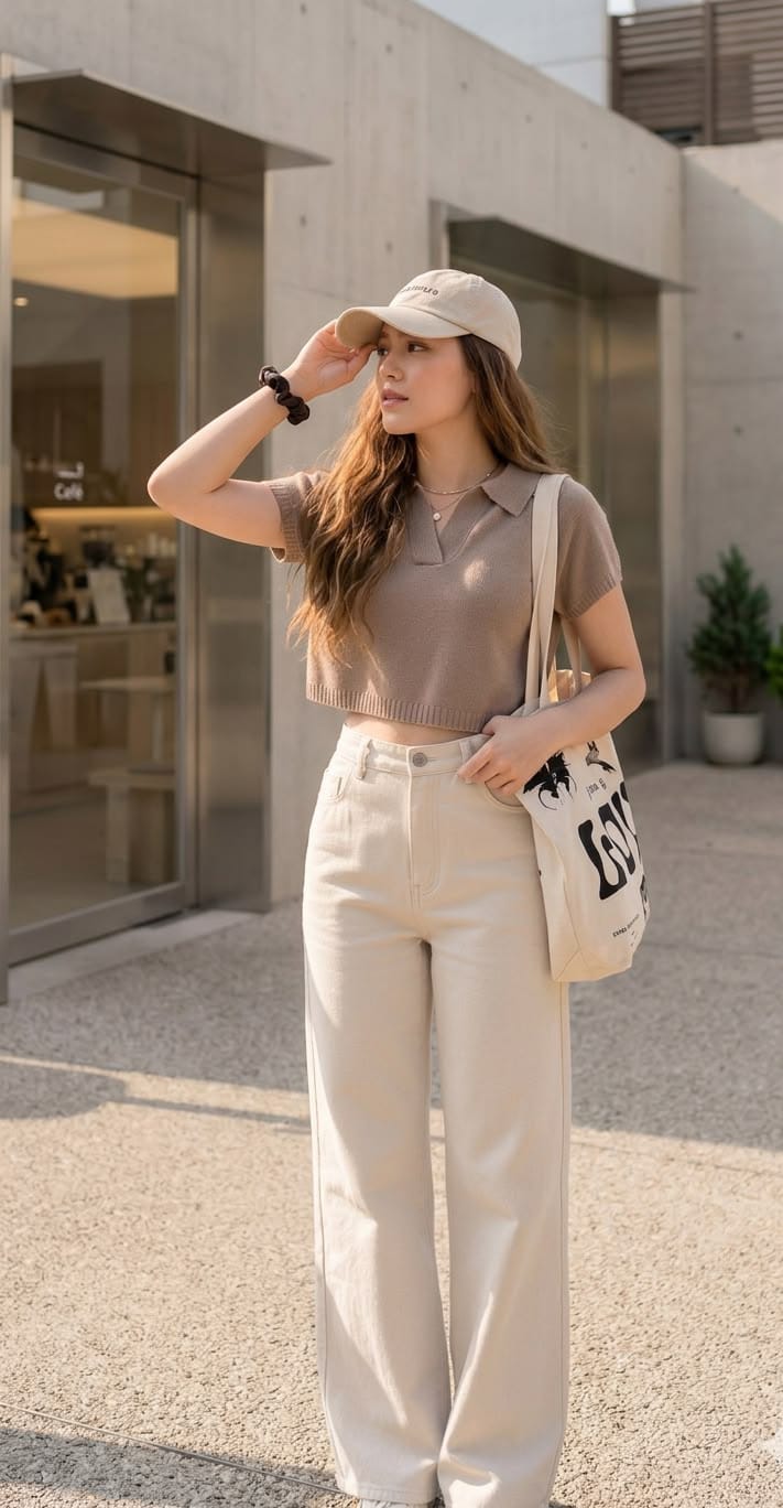 Mocha Brown Cropped Knit Polo T-Shirt with High-Waist Jeans