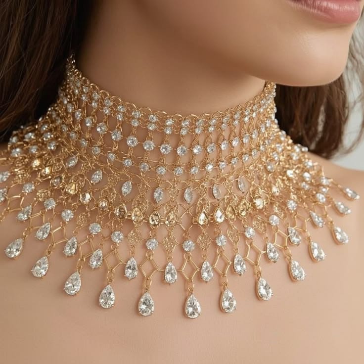 Dazzling Solitaire Diamond Mesh Cascade Choker Necklace