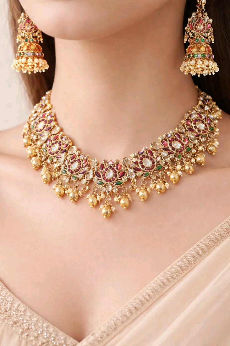 Imperial Kundan, Ruby & Emerald Lotus Motif Choker Set