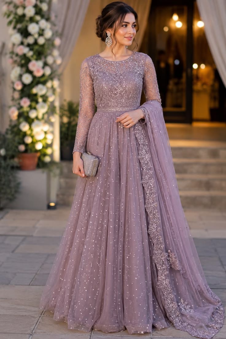 Mauve Lavender Sequins Embroidered Net Evening Gown