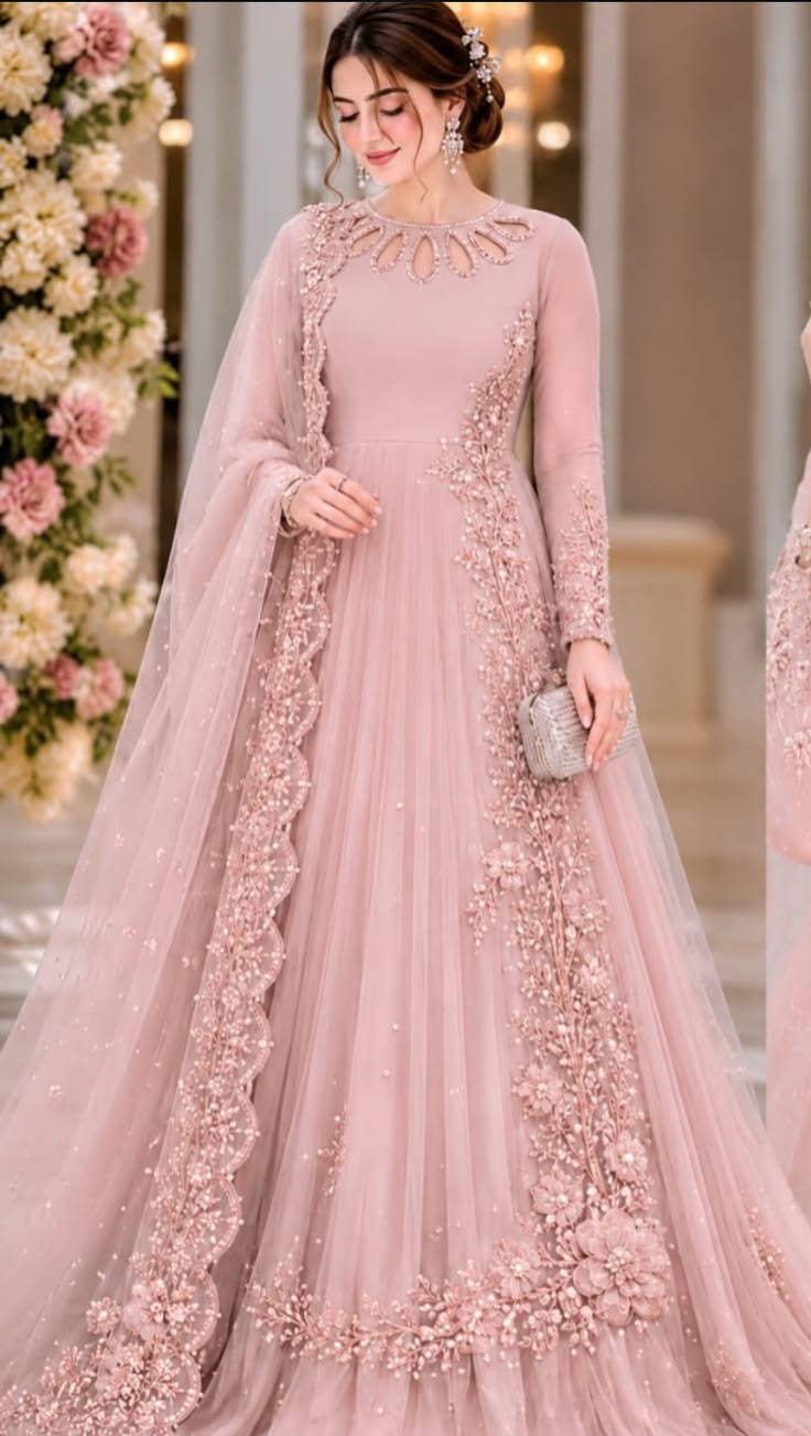 Dusty Rose Zardozi Embroidered Bridal Anarkali Gown