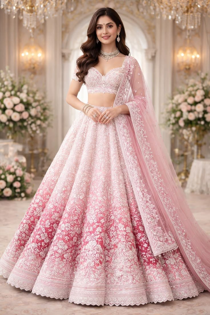 Ombre Candy Pink & White Floral Embroidered Bridal Lehenga Set