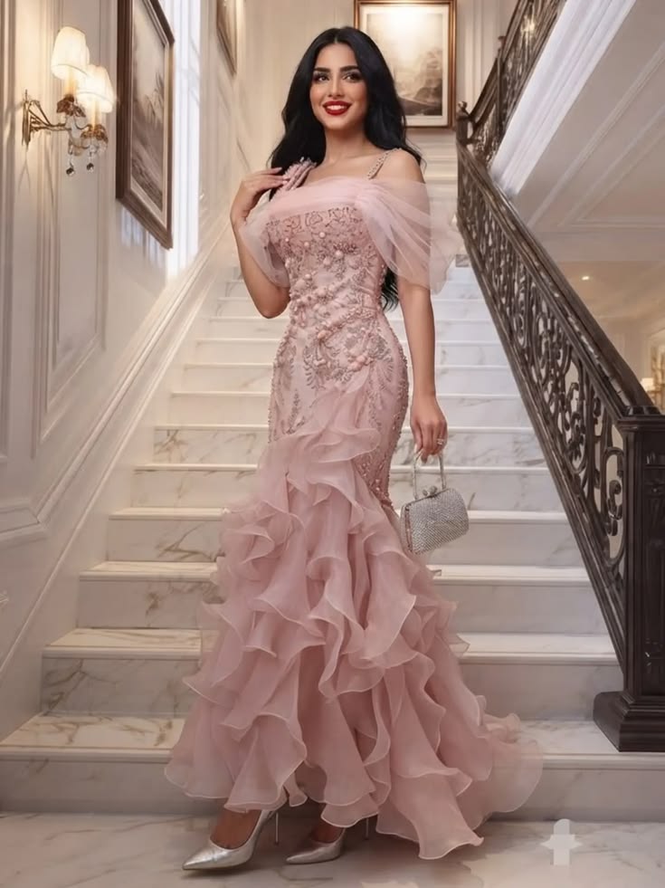 Blush Pink Off-Shoulder Mermaid Ruffle Organza Evening Gown