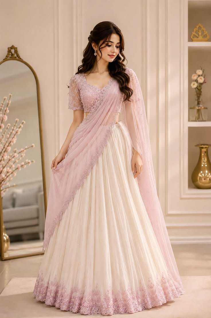 Lavender & Ivory Pleated Pre-Draped Saree Ensemble